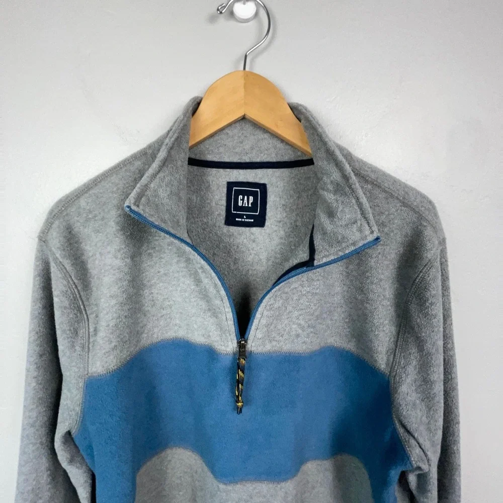 Gap Pullover Men Large Gray Blue Colorblock Fleece Quarter Zip Sweater Preppy